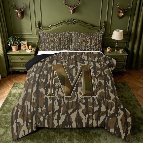 meiyoeat Rustic Hunting Camo Queen Comforter Set For Boys,Green Initial Letter M Comforter Sets Queen For Men,Black Reversible,3 Pieces