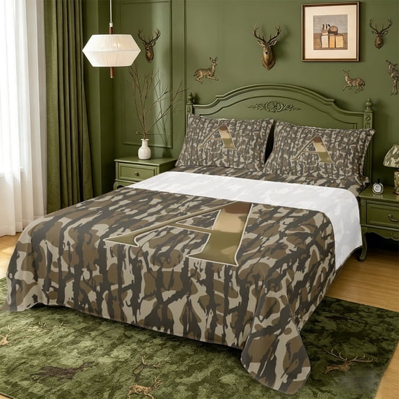 meiyoeat Rustic Hunting Camo Queen Sheets For Boys,Green Initial Letter A Queen Sheet Sets For Men,4 Pieces