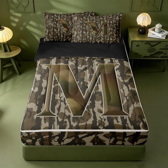 meiyoeat Rustic Hunting Camo Zipper Full Size Comforter Sets with Fitted Sheet and 2 Pillowcases For Boys,Green Initial Letter M Zipper Bedding Set For Men,Black Reversible,4-Piece