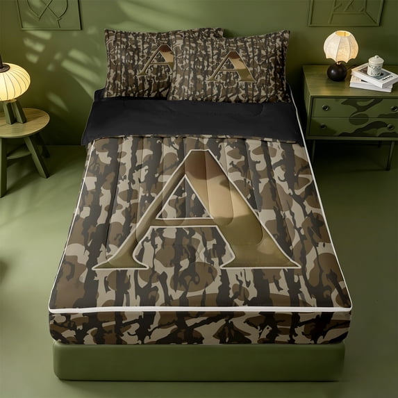 meiyoeat Rustic Hunting Camo Zipper Twin Comforter Sets with Fitted Sheet and 2 Pillowcases For Boys,Green Initial Letter A Zipper Bedding Set For Men,Black Reversible,4-Piece