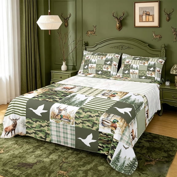 meiyoeat Rustic Mallard Duck Bed Sheets For Boys,Wild Deer Green Camo Print Full Size Sheets For Kids,4pcs