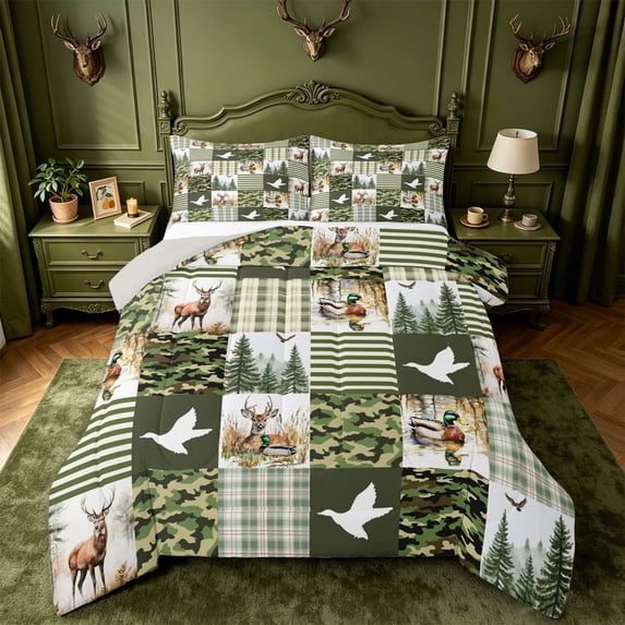 meiyoeat Rustic Mallard Duck Full Size Comforter Sets For Boys,Wild Deer Green Camo Print Bedding Comforter Set For Kids,Light Gray Reversible,3pcs