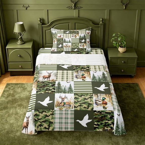 meiyoeat Rustic Mallard Duck Twin Sheets For Boys,Wild Deer Green Camo Print Bedding For Kids,3 Pieces