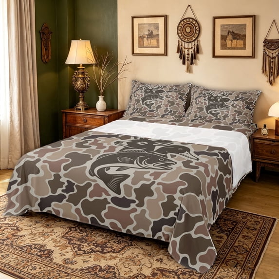 meiyoeat Rustic Outdoor Fishing Hunting Bed Sheets for Men Boys, Forest Lake Wildlife Full Size Sheets, Olive Drab, 4-Piece, 1 Flat Sheet, 1 Fitted Sheet and 2 Pillowcases