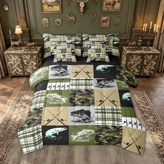 meiyoeat Rustic Outdoor Fishing Twin Bedding for Men Boys, Vintage Forest Plaid Camo Bedding Comforter Set, Olive Green, Black Reversible, 7-Piece