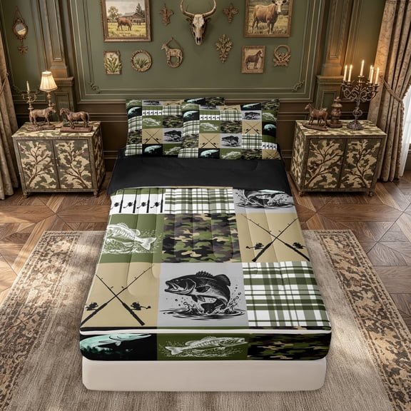 meiyoeat Rustic Outdoor Fishing Zipper Comforter Set with Fitted Sheet and 2 Pillowcases for Men Boys, Vintage Forest Plaid Camo Zipper Bedding Set, Olive Green, Black Reversible, 3-Piece