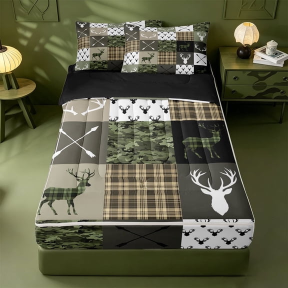 meiyoeat Rustic Patchwork Deer Zipper Twin Comforter Sets with Fitted Sheet and 2 Pillowcases For Boys,Vintage Farmhouse Camouflage Hunting Zipper Bedding Set, Green Brown,Black Reversible,4-Piece
