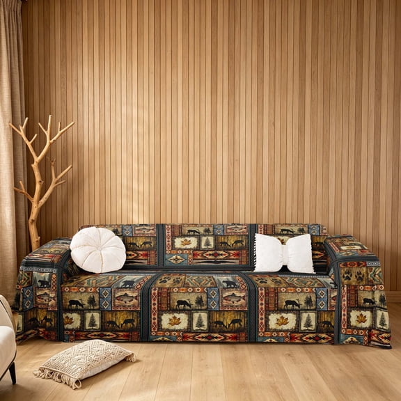 meiyoeat Rustic Patchwork Sofa Cover Slipcover 91x118, Vintage Farmhouse Hunting Deer Chair Loveseat Couch Cover