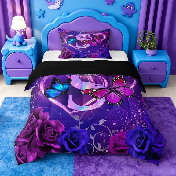 meiyoeat Rustic Personalized Monogram S Twin Comforter Sets,Purple Vintage Butterfly Floral Bedding Set For Girl,Black Reversible,2-Piece,1 Comforter and 1 Pillowcase