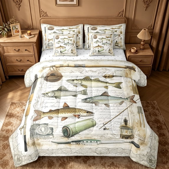 meiyoeat Rustic Pike Fish 7-Piece King Bedding For Kids,Vintage Farmhouse Fishing King Bed In A Bag For Adults,Reversible