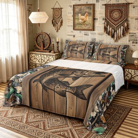 meiyoeat Rustic Pike Fish Bed Sheets for Men Boys, Autumn Wood Camo Branches Leaf Full Size Sheets, Brown, Black Reversible, 1 Flat Sheet, 1 Fitted Sheet and 2 Pillowcases