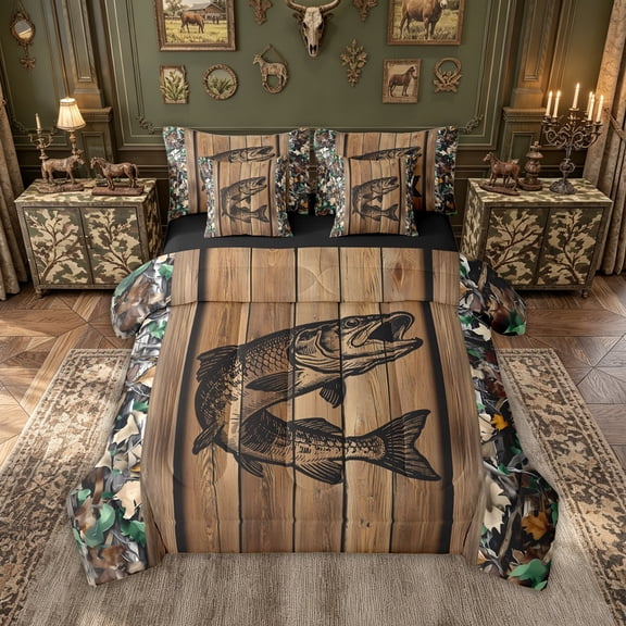 meiyoeat Rustic Pike Fish Twin Bedding for Men Boys, Autumn Wood Camo Branches Leaf Bedding Comforter Set, Brown, Black Reversible, 7pcs