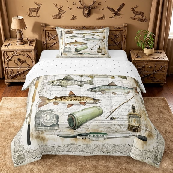 meiyoeat Rustic Pike Fish Twin Comforter Sets For Kids,Vintage Farmhouse Fishing Bedding Set For Adults,Reversible,2pcs