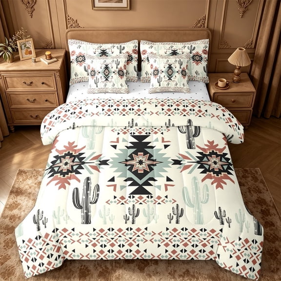 meiyoeat Rustic Western Aztec Print 7pcs Queen Bedding For Adults,Desert Botanical Cactus Bedding Comforter Set Queen For Men Women,Reversible