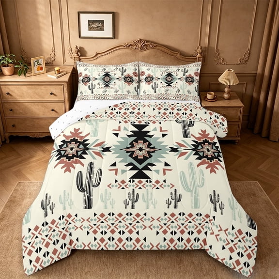 meiyoeat Rustic Western Aztec Print Queen Comforter Set For Adults,Desert Botanical Cactus Comforter Sets Queen For Men Women,Reversible,3-Piece