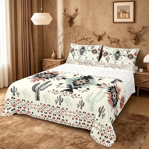 meiyoeat Rustic Western Aztec Print Queen Sheets For Adults,Desert Botanical Cactus Queen Sheet Sets For Men Women,4-Piece
