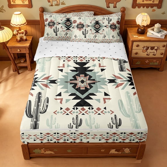 meiyoeat Rustic Western Aztec Print Zipper Twin Comforter Sets with Fitted Sheet and 2 Pillowcases For Adults,Desert Botanical Cactus Zipper Bedding Set For Men Women,Reversible,4 Pieces