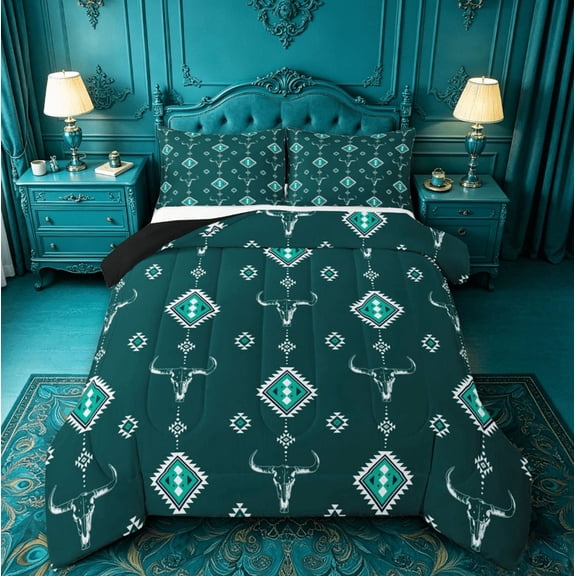 meiyoeat Rustic Western Aztec Queen Comforter Set For Kids,Retro Farmhouse Bull Skull Comforter Sets Queen For Boys,Black Reversible,3-Piece