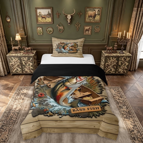 meiyoeat Rustic Wood Bass Fishing Boat Twin Duvet Cover for Men Boys, Outdoor Wildlife Twin Bedding, Brown Green Black, Black Reversible, 2-Piece, 1 Duvet Cover and 1 Pillowcase