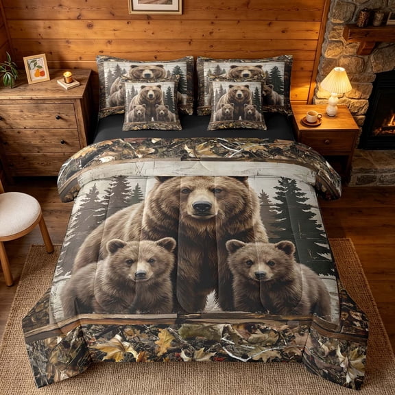 meiyoeat Rustic Woodland Bear Bedding Comforter Set, Vintage Wild Animal Queen Bedding Sets, Brown Beige, Black Reversible 7pcs