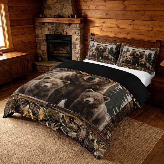 meiyoeat Rustic Woodland Bear King Duvet Cover Set, Vintage Wild Animal Bedding, Brown Beige, Black Reversible 3-Piece, 1 Duvet Cover and 2 Pillowcases
