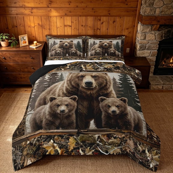 meiyoeat Rustic Woodland Bear Queen Comforter Set, Vintage Wild Animal Bedding Comforter Set, Brown Beige, Black Reversible 3pcs, 1 Comforter and 2 Pillowcases