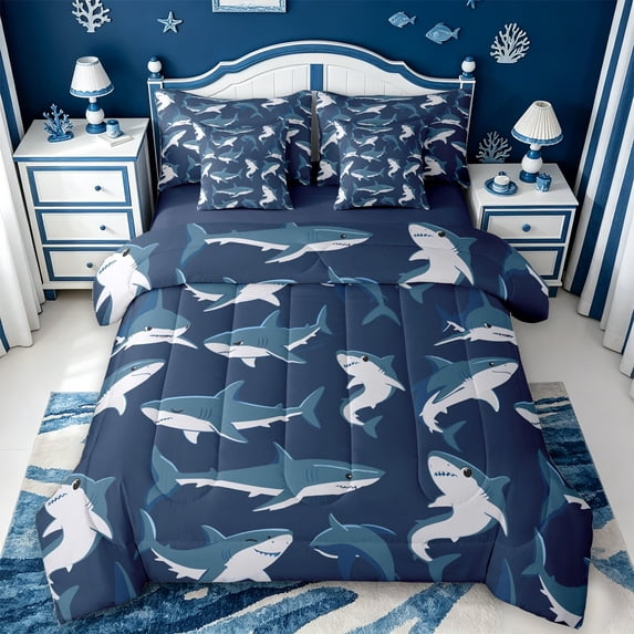 meiyoeat Sea Animal Shark 7Pcs Queen Bedding For Boys,Ocean Wildlife Print Bedding Comforter Set Queen For Kids,Navy Blue Reversible
