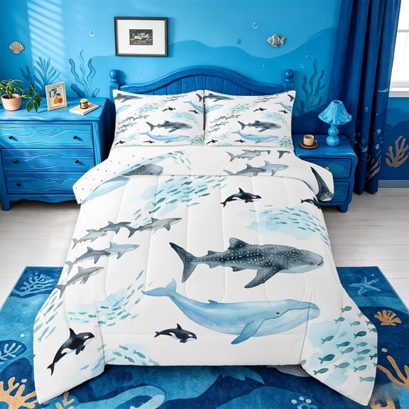 meiyoeat Sea Creature Whale Full Size Comforter Sets For Kids,Cartoon Ocean Animals Bedding Comforter Set For Boys,Reversible,3-Piece