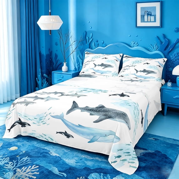 meiyoeat Sea Creature Whale Queen Sheets For Kids,Cartoon Ocean Animals Queen Sheet Sets For Boys,4 Pieces
