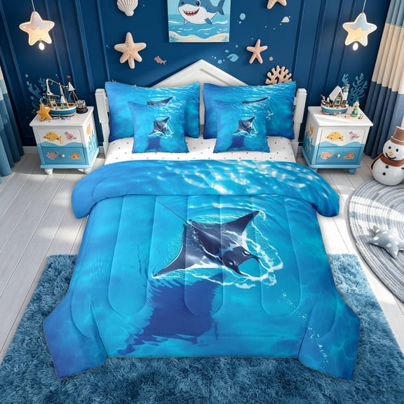 meiyoeat Sea Manta Ray Twin Bedding for Men Boys, Sunlight Wave Wildlife Bedding Comforter Set, Blue, Reversible, 7-Piece