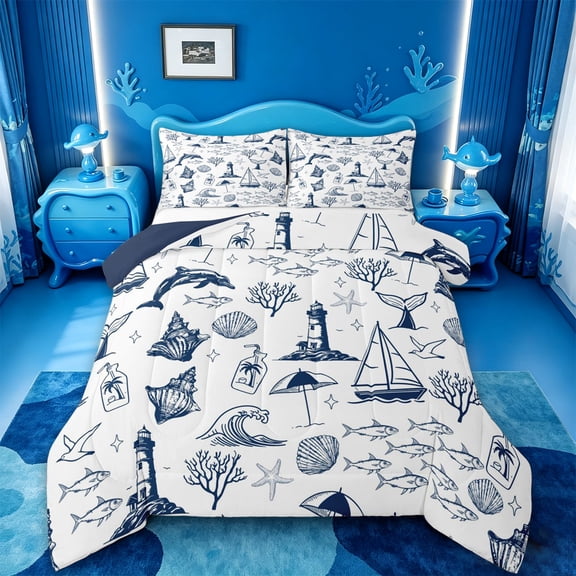 meiyoeat Sea Navigation Theme Full Size Comforter Sets For Boys,Ocean Lighthouse Cute Whale Bedding Comforter Set,Reversible,3pcs,1 Comforter and 2 Pillowcases