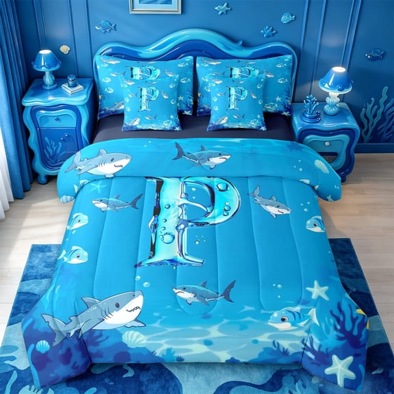 meiyoeat Sea Themed Monogram P 7-Piece Twin Bedding For Boys,Ocean Animal Shark Bedding Comforter Set,Navy Blue Reversible