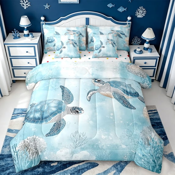 meiyoeat Sea Turtle 7Pcs Queen Bedding For Boys,Watercolor Blue Coral Bedding Comforter Set Queen For Kids,Reversible