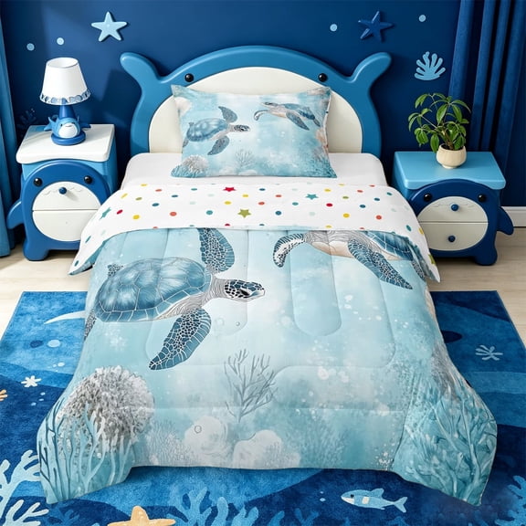 meiyoeat Sea Turtle Twin Comforter Sets For Boys,Watercolor Blue Coral Bedding Set For Kids,Reversible,2-Piece