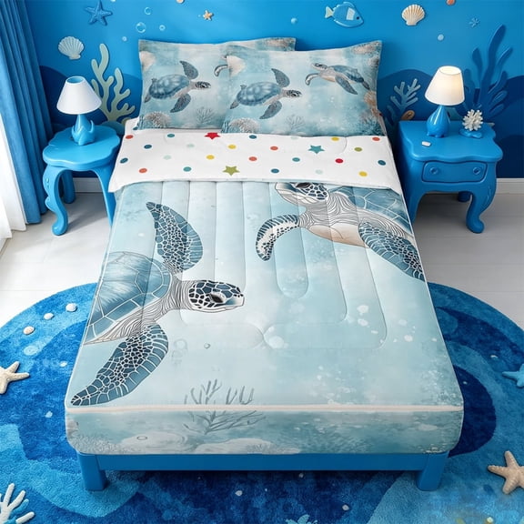 meiyoeat Sea Turtle Zipper Twin Comforter Sets with Fitted Sheet and 2 Pillowcases For Boys,Watercolor Blue Coral Zipper Bedding Set For Kids,Polkadot Reversible,4 Pieces
