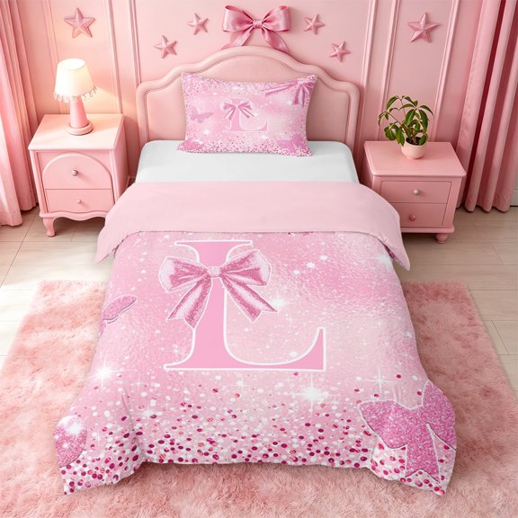 meiyoeat Sequin Print Loves Bow Twin Duvet Cover,Pink Glitter Bowknot Polka Dots Print Twin Bedding For Girl,Pink Reversible,2pcs,1 Duvet Cover and 1 Pillowcase