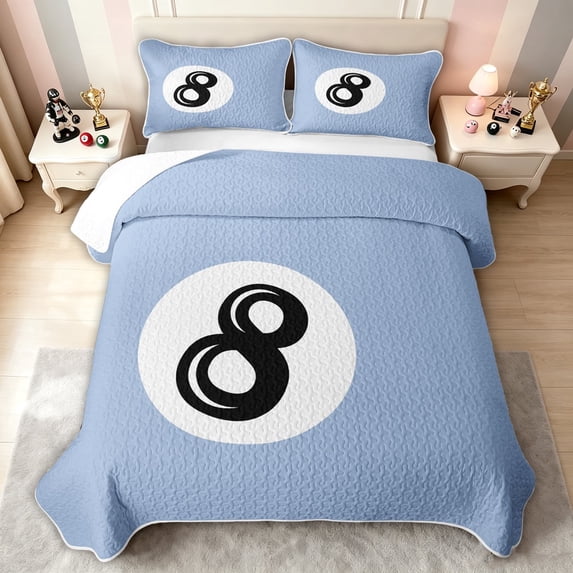 meiyoeat Simple 8 Ball Quilt Full for Girls, Blue Cartoon Billiards Full Bedspread Sets, 3 Pieces, 1 Comforter and 2 Pillowcases