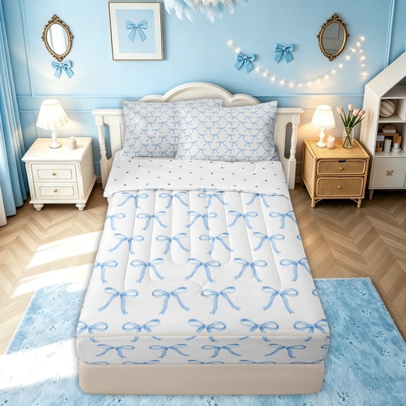 meiyoeat Sky Blue Bow Zipper Full Size Comforter Sets with Fitted Sheet and 2 Pillowcases for Boys Girls, Cute Watercolor Cartoon Zipper Bedding Set, Reversible, 4 Pieces