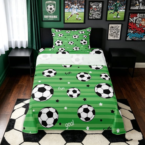 meiyoeat Soccer Ball Sport Twin Sheets for Boys, Cartoon Stripe Stars Bedding, Green Black, 3 Pieces, 1 Flat Sheet, 1 Fitted Sheet and 1 Pillowcase