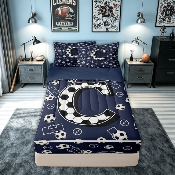 meiyoeat Soccer Letter C Zipper Comforter Set with Fitted Sheet and 2 Pillowcases for Boys, Ball Field Zipper Bedding Set, Navy Blue, Blue Reversible, 3-Piece