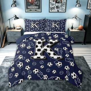 meiyoeat Soccer Letter K Full Size Comforter Sets for Boys, Sports Football Bedding Comforter Set, Navy Blue, Blue Reversible, 3pcs, 1 Comforter and 2 Pillowcases