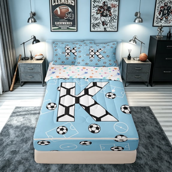 meiyoeat Soccer Letter K Zipper Twin Comforter Sets with Fitted Sheet and 2 Pillowcases for Boys Kids, Ball Field Zipper Bedding Set for , Blue, Colorful Stars Reversible, 4-Piece