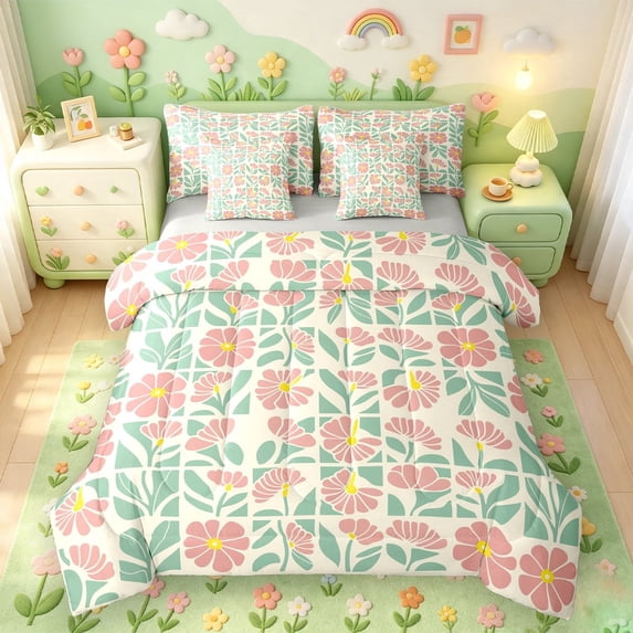meiyoeat Soft Floral 7-Piece Twin Bedding For Girls,Pastel Print Bedding Comforter Set,Pink Green Cream,Light Gray Reversible