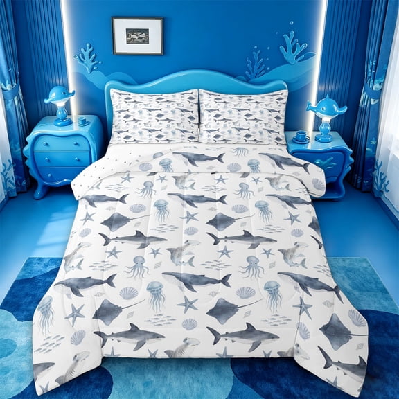 meiyoeat Soft Ocean Animal Full Size Comforter Sets For Boys,Shark Pattern Bedding Comforter Set,Reversible,3-Piece,1 Comforter and 2 Pillowcases