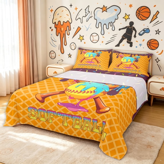 meiyoeat Softball Ice Cream Bed Sheets for Girls, Candy Baseball Bat Drip Full Size Sheets, 4pcs, 1 Flat Sheet, 1 Fitted Sheet and 2 Pillowcases