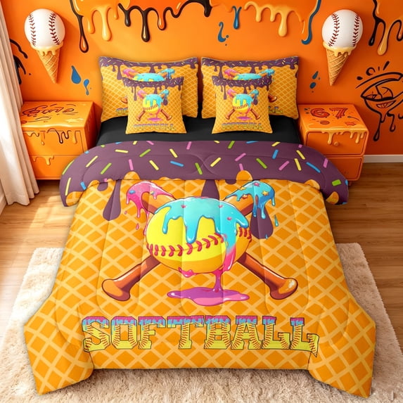 meiyoeat Softball Ice Cream Twin Bedding for Girls, Candy Baseball Bat Drip Bedding Comforter Set, Black Reversible, 7pcs