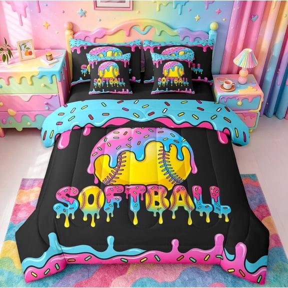 meiyoeat Softball Sport Games 7-Piece Twin Bedding Sets For Boys Kids,Watercolor Baseball Ice Cream Bedding Comforter Set For Girls,black Reversible