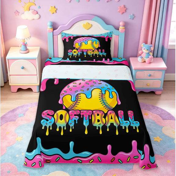 meiyoeat Softball Sport Games Twin Sheet Sets For Boys Kids,Watercolor Baseball Ice Cream Bedding For Girls,3pcs