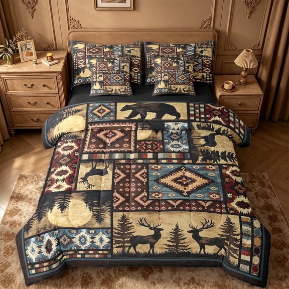 meiyoeat Southwestern Bear Deer 7pcs Queen Bedding,Bohemian Exotic Style Aztec Geometric Bedding Comforter Set Queen For Boys Kids,Black Reversible