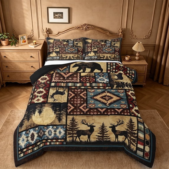 meiyoeat Southwestern Bear Deer Queen Comforter Set,Bohemian Exotic Style Aztec Geometric Comforter Sets Queen For Boys Kids,Black Reversible,3-Piece